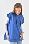 İndigo Mavi Süveter Sweat Sweatshirt Düğmeli Kapüşonlu - 5