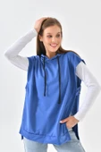 İndigo Mavi Süveter Sweat Sweatshirt Düğmeli Kapüşonlu - 3