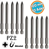 Mıknatıslı Pozidriv Bits Uç PZ2 100 mm 10'lu Set Kutulu Manyetik 1/4" Matkap Ucu Vidalama 10 cm - 1