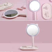 Kedi Kulaklı Telefon Standlı Yuvarlak Dokunmatik Led Ayarlı Masa Üstü Makyaj Aynası - 5