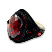 AgaKulche Gümüş Erkek Kırmızı Taşlı Lale Desen Yüzük - 1