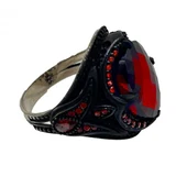 AgaKulche Gümüş Erkek Kırmızı Taşlı Lale Desen Yüzük - 4