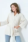 Uzun kollu kuşaklı kimono - krem - 1