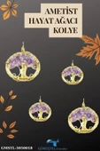 GÜMÜŞTEL EL SANATLARI Sertifikalı Doğal Taş Ametist Hayat Ağacı Tasarım Kolye Sürpriz Hediyeli 5x5 Cm thumbnail 1