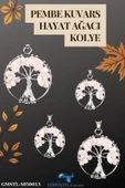 GÜMÜŞTEL EL SANATLARI Sertifikalı Doğal Taş Pembe Kuvars Hayat Ağacı Tasarım Kolye Sürpriz Hediyeli 5x5 Cm thumbnail 1
