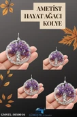 GÜMÜŞTEL EL SANATLARI Sertifikalı Doğal Taş Ametist Hayat Ağacı Tasarım Kolye Sürpriz Hediyeli 5x5 Cm - 1