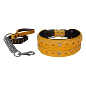 Markapet Elegance Deri İşlemeli Lüks Köpek Tasma Seti XL 7 cm*60-68 cm Sarı - 1