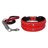 Markapet Elegance Deri İşlemeli Lüks Köpek Tasma Seti XL 7 cm*60-68 cm Kırmızı - 1