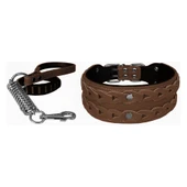 Markapet Elegance Deri İşlemeli Lüks Köpek Tasma Seti XL 7 cm*60-68 cm Kahverengi - 1