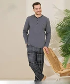 Pijamoni Erkek Pamuklu Düğme Yaka Uzun Kol İnce Pijama Takımı 100/3 - 1 Adet  L Füme - 1