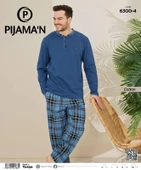 Pijamoni Erkek Pamuklu Düğme Yaka Uzun Kol İnce Pijama Takımı 100/4 - 1 Adet  L Mavi - 2