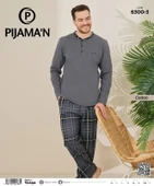 Pijamoni Erkek Pamuklu Düğme Yaka Uzun Kol İnce Pijama Takımı 100/3 - 1 Adet  L Füme - 2
