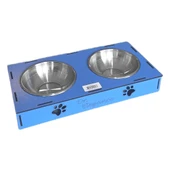 Ahşap Sehpalı İkili Devrilmez Kedi Köpek Su Ve Mama Kabı 34 cm - 300 ml Mavi - 4