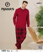 Pijamoni Erkek Pamuklu Düğme Yaka Uzun Kol İnce Pijama Takımı 100/7 - 1 Adet  Bordo L - 2