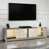 İNARCH DİZAYN Aydos Işıklı, Cam Raflı Tv Ünitesi Beyaz/Kilim, Kapaklı Tv Sehpası, Ev-Ofis - 1