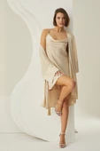 Taş Rengi Silky Kısa Kuşaklı Tek Sabahlık thumbnail 5