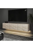 İNARCH DİZAYN Neon LED Işıklı Duvara Monte, 3 Kapaklı TV Sehpası – 160 cm - Modern Tasarım, Traverten Desen thumbnail 6