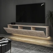 İNARCH DİZAYN Neon LED Işıklı Duvara Monte, 3 Kapaklı TV Sehpası – 160 cm - Modern Tasarım, Traverten Desen thumbnail 3