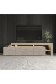 İNARCH DİZAYN Beliz Modern LED Işıklı 3 Kapaklı, Raflı TV Sehpası – 192 cm, Traverten Desen - 2