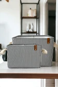 Siyah Çizgili Çok Amaçlı Dolap Içi Oyuncak Saklama Kutusu Sepeti Organizer 2'li 18x22x30 / 37x27x25 - 1