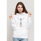 Rick And Morty TINY RICK Baskılı Beyaz Kadın Örme Kapşonlu Sweatshirt Uzun kol - 1