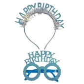 Plastik Happy Bırthday Simli Taç Gözlük Mavi 2 li Set - 1