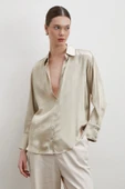Floş Basic Saten Gömlek Bej thumbnail 1