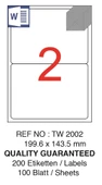 A4 Hazır yapışkanlı TW-2002 LASER ETİKET - 199.6mm x 43.5mm - (100.YAPRAK / 200 ETİKET) - 2