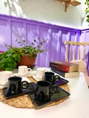 Arsim Home  Çizgili 3 Siyah 3 Beyaz 6 Kişilik Sunum Tabaklı seramik Fincan Takımı - 1
