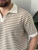 Giesto Krem Çizgili Polo Yaka Triko T-shirt - 2