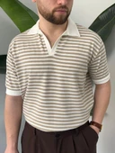 Giesto Krem Çizgili Polo Yaka Triko T-shirt - 3