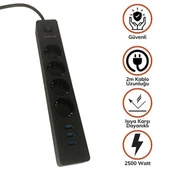 BUFFER® Termak Akım Korumalı 4 Priz 3 USB Girişli Uzatma Kablosu Güç&Şarj - 1