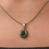 Gümüş Yeşil Çiçek Desenli Otantik Kadın Kolye - 2