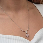 Gümüş Pembe Zirkon Taşlı Kalp Kadın Kolye - 4