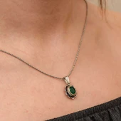 Gümüş Yeşil Çiçek Desenli Otantik Kadın Kolye - 4