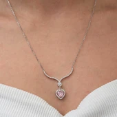 Gümüş Pembe Zirkon Taşlı Kalp Kadın Kolye - 3