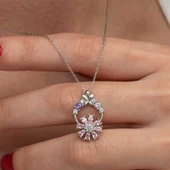 Gümüş Pembe Dönen Çiçek Kadın Kolye - 3