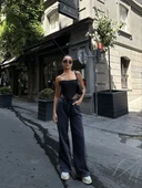Kadın  Arkadan Yırtmaçlı Jeans Kot Palazzo Pantolon - Siyah - 4