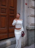 Straplez , Madonna , Carmen Yaka Croplu Uzun Etekli ikili Takım Triko  - Beyaz - 3
