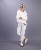 iki iplik Kapüşonlu Fermuarlı Crop Oversize Hırka Takım- Beyaz - 2