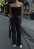 Kadın  Arkadan Yırtmaçlı Jeans Kot Palazzo Pantolon - Siyah - 1
