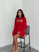 Kadın Göğsü Bağlamalı Kalp Yaka Kolları Şifon Mini Elbise - Kırmızı - 1