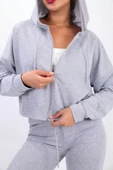 iki iplik Kapüşonlu Fermuarlı Crop Oversize Hırka Takım- gri - 4