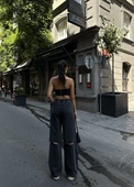 Kadın  Arkadan Yırtmaçlı Jeans Kot Palazzo Pantolon - Siyah - 6