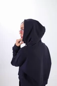 iki iplik Kapüşonlu Fermuarlı Crop Oversize Hırka Takım- Lacivert - 3