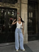 Kadın Arkadan Yırtmaçlı Jeans Kot Palazzo Pantolon - Mavi - 2