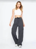 Kargo Cepli Palazzo Oversize Kesim İki iplik Bol Paça Eşofman Altı Pantalon - Antrasit - 4