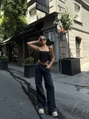Kadın  Arkadan Yırtmaçlı Jeans Kot Palazzo Pantolon - Siyah - 2