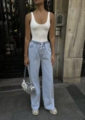 Kadın Arkadan Yırtmaçlı Jeans Kot Palazzo Pantolon - Mavi - 6