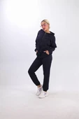 iki iplik Kapüşonlu Fermuarlı Crop Oversize Hırka Takım- Lacivert - 1